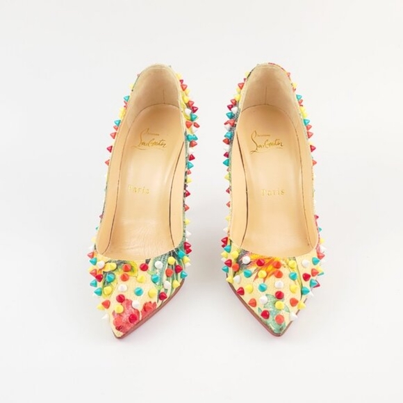 Christian Louboutin HAWAII SPIKE FOLLIES Pumps Multicolor Floral Heels Size 36.5 - Picture 4 of 7